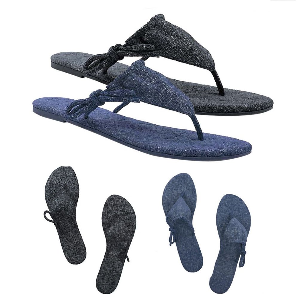 Pure Denim Bikini Thong Sandals and Side Tie-Black